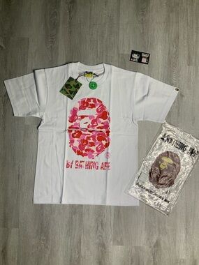 Bape White Tee with Pink & Red Camo Ape Head